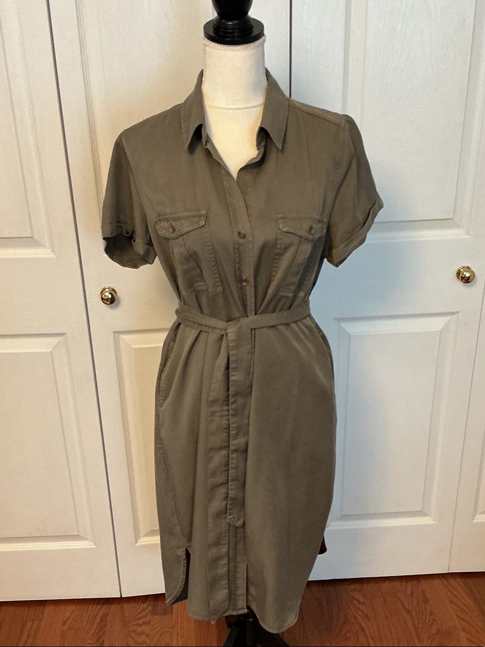 Women's Olive Utility Shirt Midi Dress with Short Sleeves